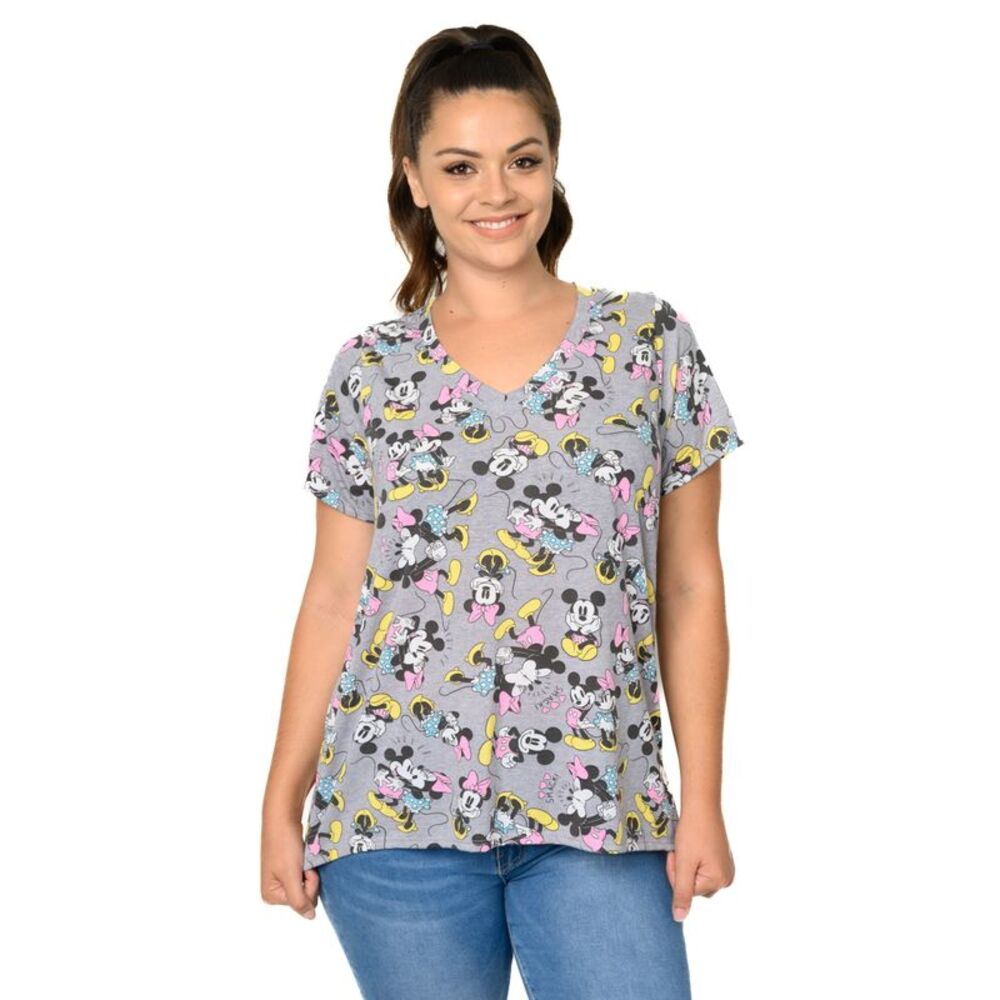 New Plus Size Women's Disney Minnie & Mickey Mouse T-Shirt V-Neck Gray (Size 4X)